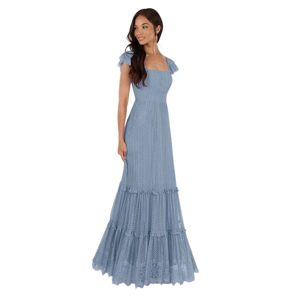 Azazie Blue Ruffle Lace Gown Tie on back Maxi Size 2 NWT